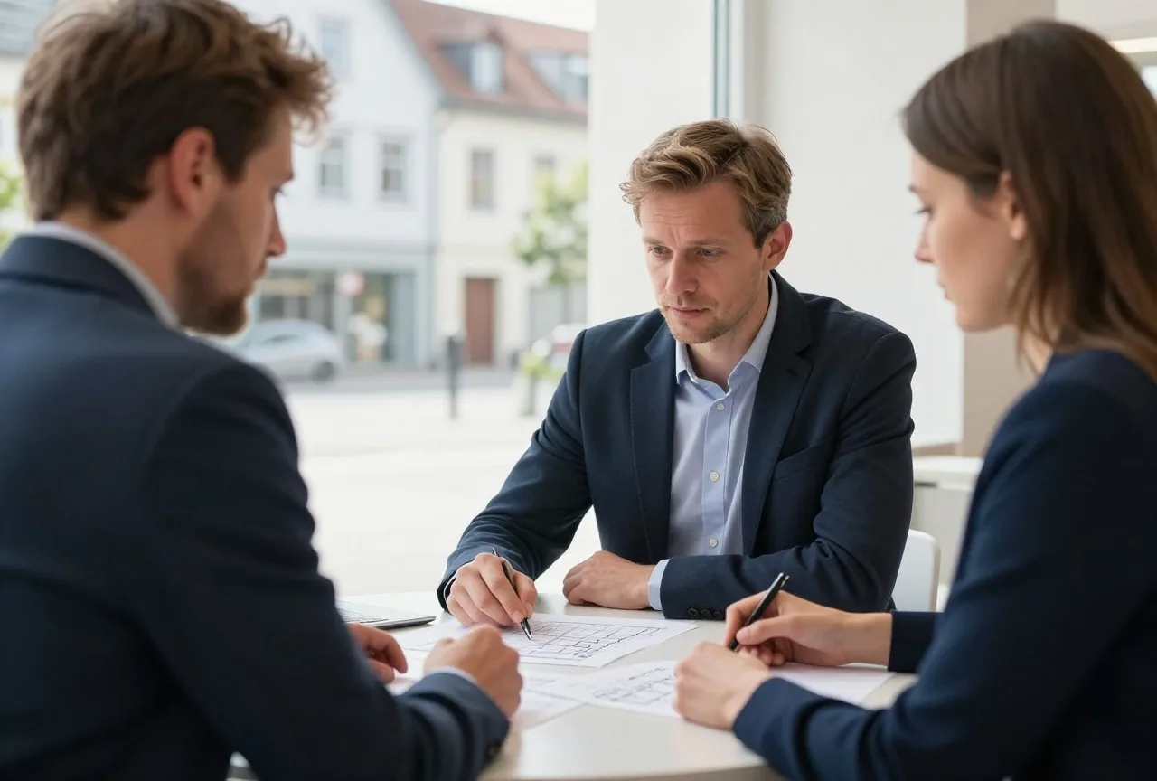Ein Mann in den Vierzigern und eine Frau in den Dreißigern besprechen Skizzen an einem runden Tisch