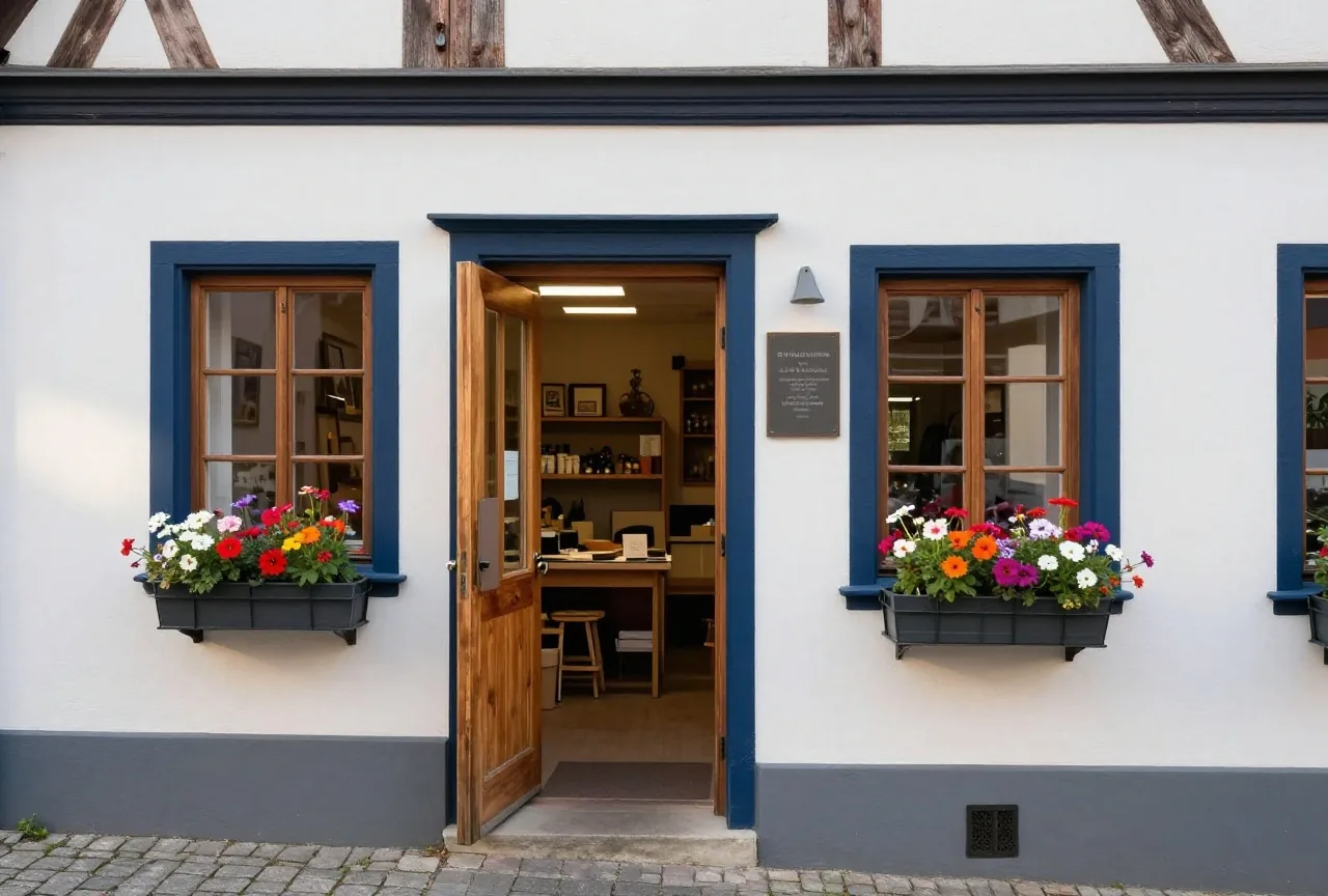 Eine kleine Handwerkswerkstatt an einer Dorfstraße mit offener Holztür und Blumenkästen im Abendlicht