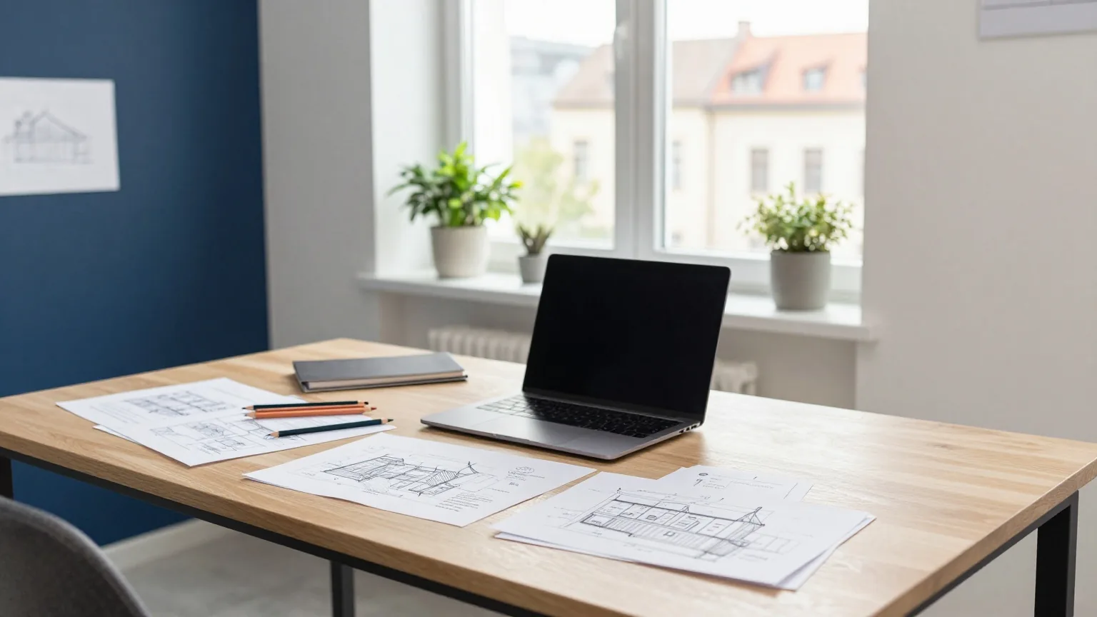 Ein helles kleines Büro mit großem Holztisch, Skizzen von Seitenlayouts auf Papier, Buntstiften und zugeklapptem Laptop
