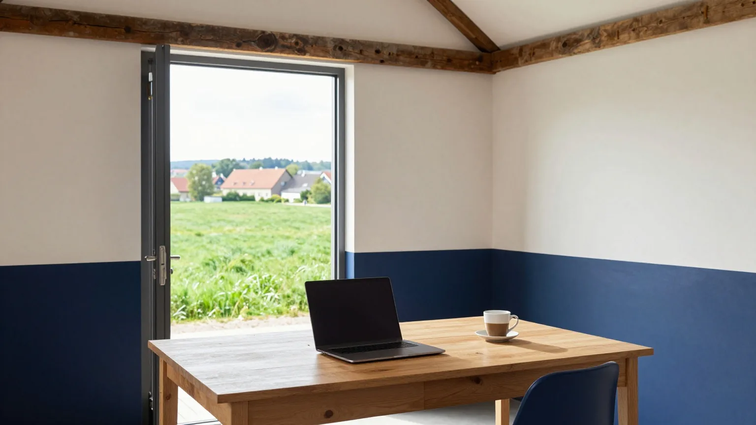 Ein kleines helles Büro in einer umgebauten Scheune mit Holztisch, zugeklapptem Laptop und Blick auf grüne Felder